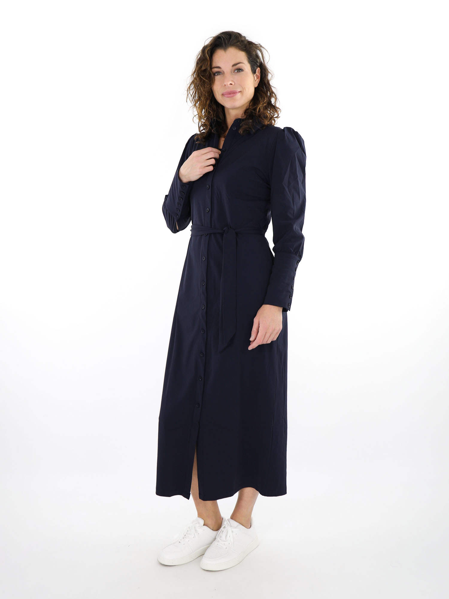 Onzorgvuldigheid fenomeen Algemeen Dark Blue travelstof lange jurk met knopen van Mi Piace 204