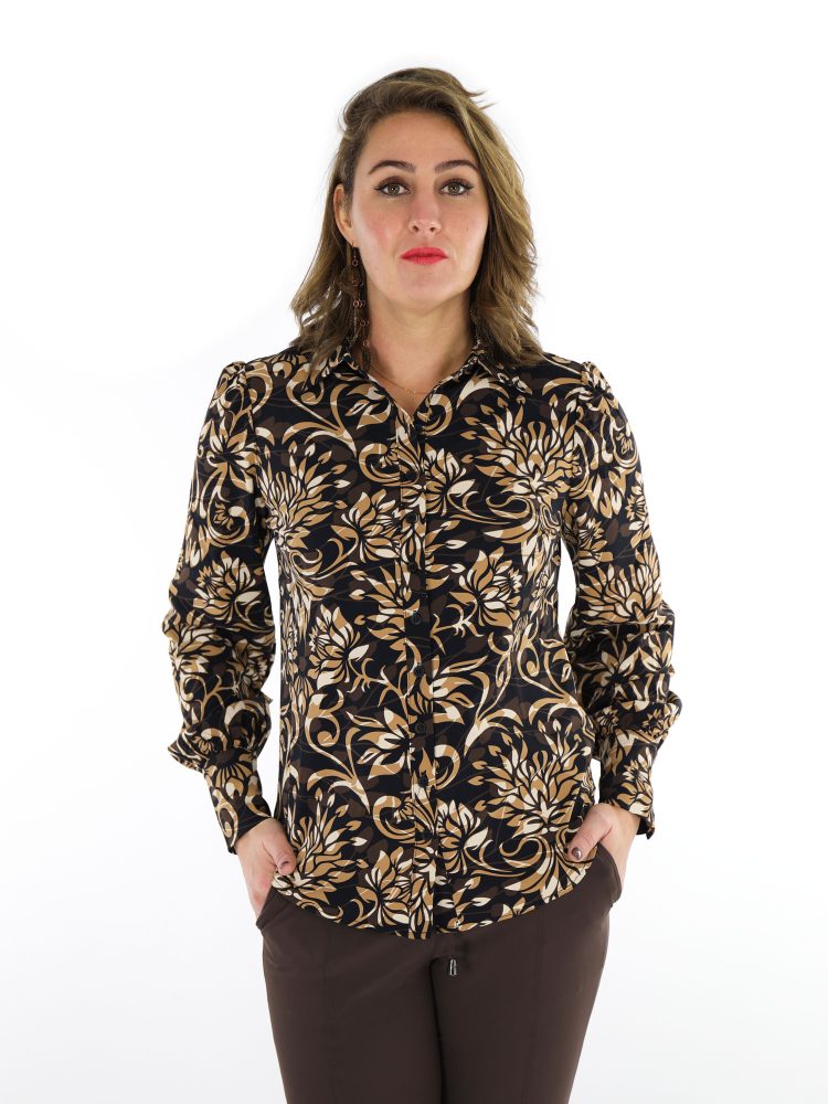 print-travel-blouse-van-mi-piace-met-pof-mouw-in-donkerbruin-en-zwart