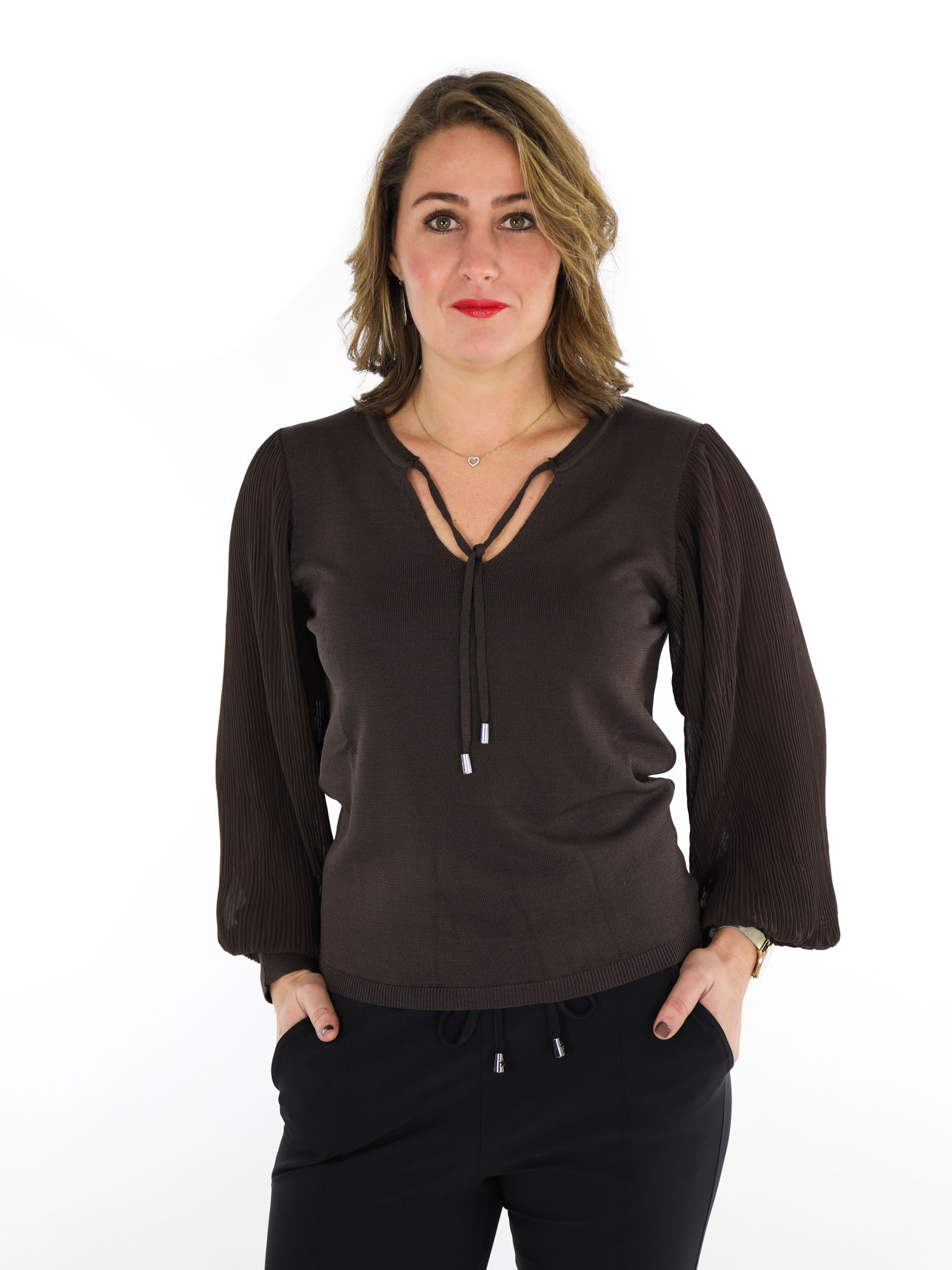 Uitpakken Voetzool geschenk Dark Brown trui met plissé mouwen van Mi Piace 202