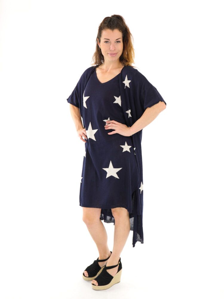 donkerblauwe-jurk-fijn-gebreid-met-roomwitte-sterren-print